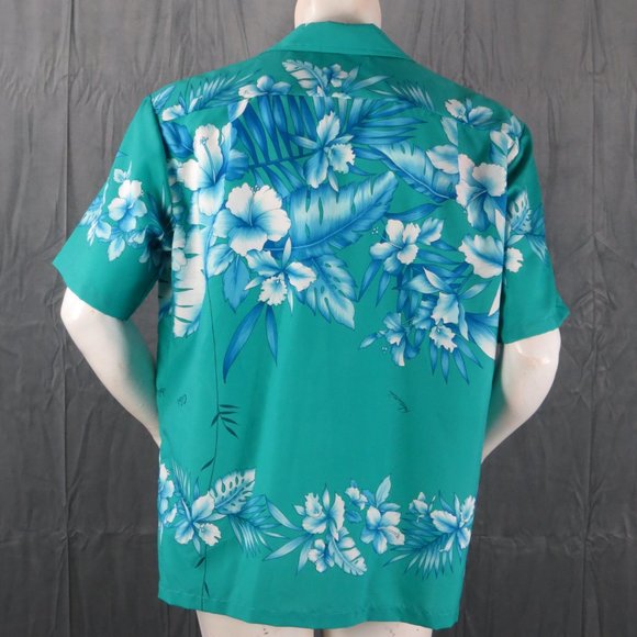 Vintage Hawaiian Shirt - Large Floral Pattern on Teal Base - Men's Large - Picture 6 of 8